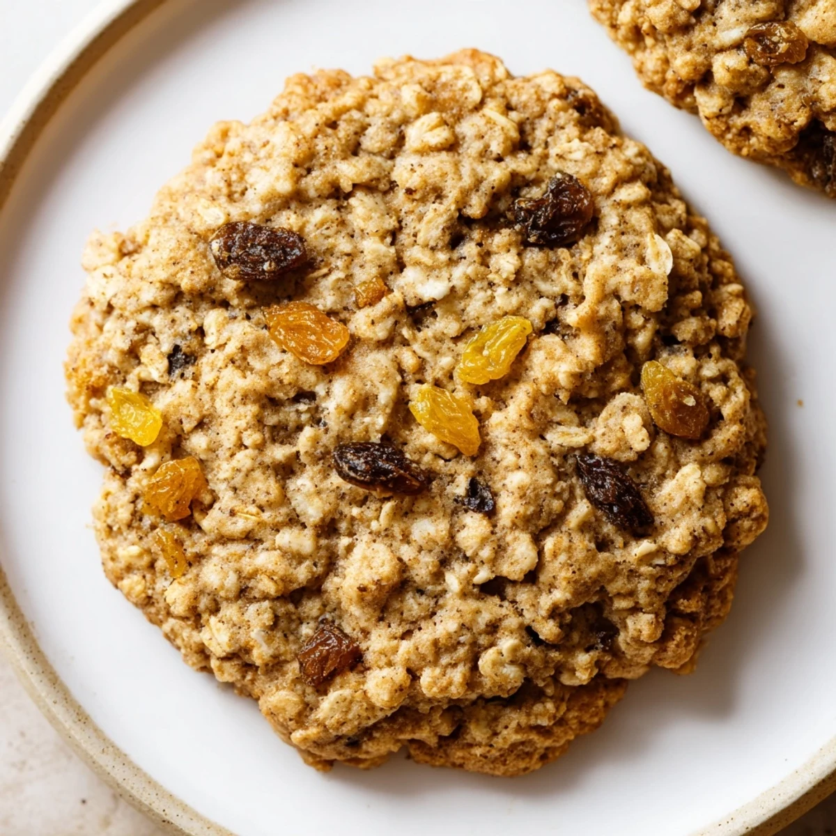 A plate of warm, soft-baked oatmeal raisin breakfast cookies, perfect for a quick breakfast.