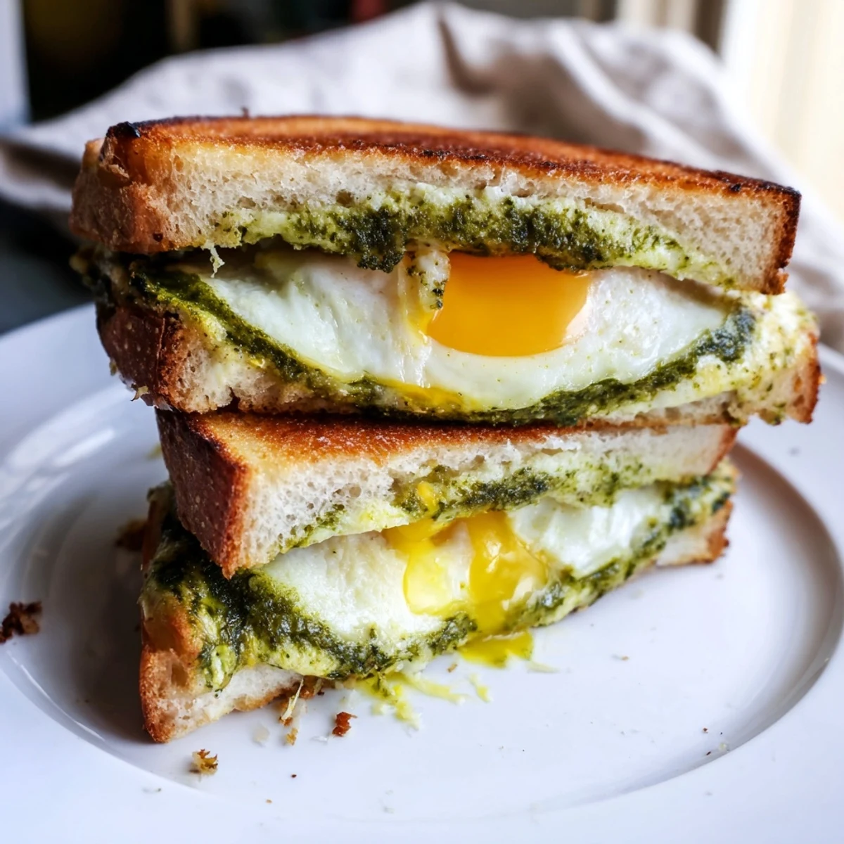 Perfectly grilled pesto egg grilled cheese, a vegetarian comfort food with a satisfying crunchy texture.