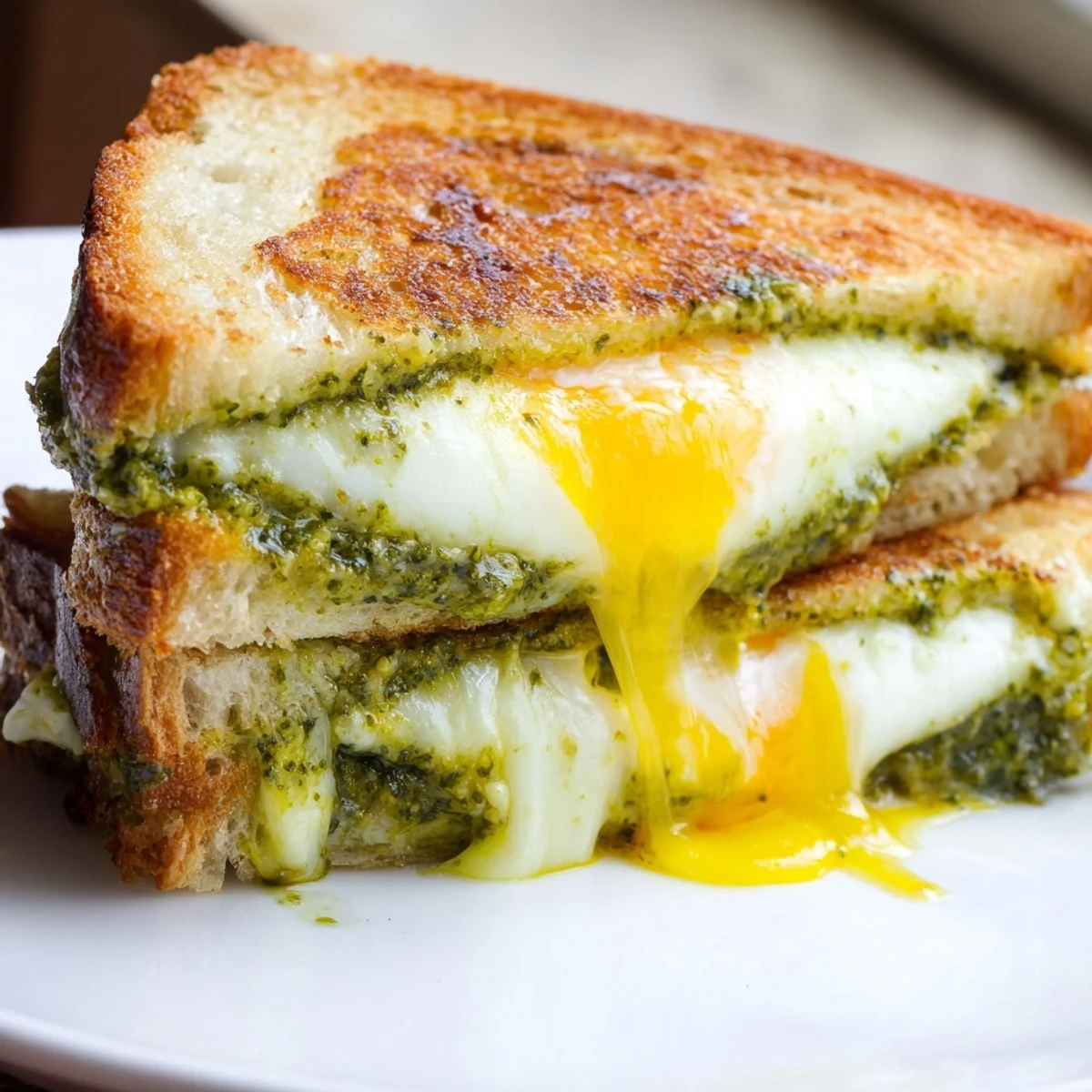 A close-up of a flavorful pesto egg grilled cheese, ready to enjoy with a melty cheese filling.