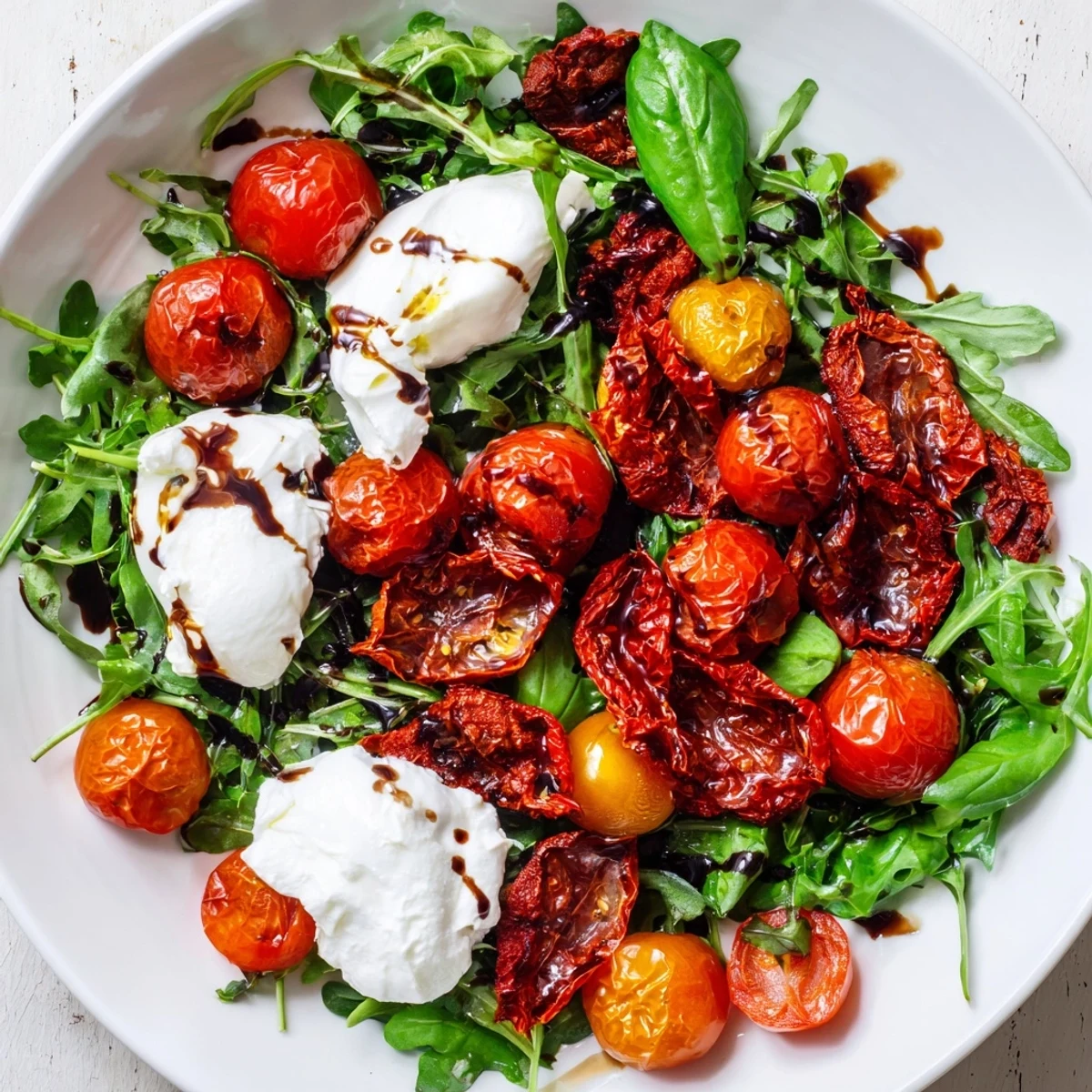Tomato Flight Salad, a colorful mix of ripe tomatoes with creamy burrata, ready to enjoy.