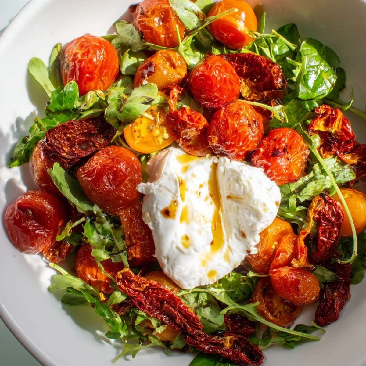 Fresh, roasted, and sun-dried tomatoes star in this Tomato Flight Salad with bright basil and greens.