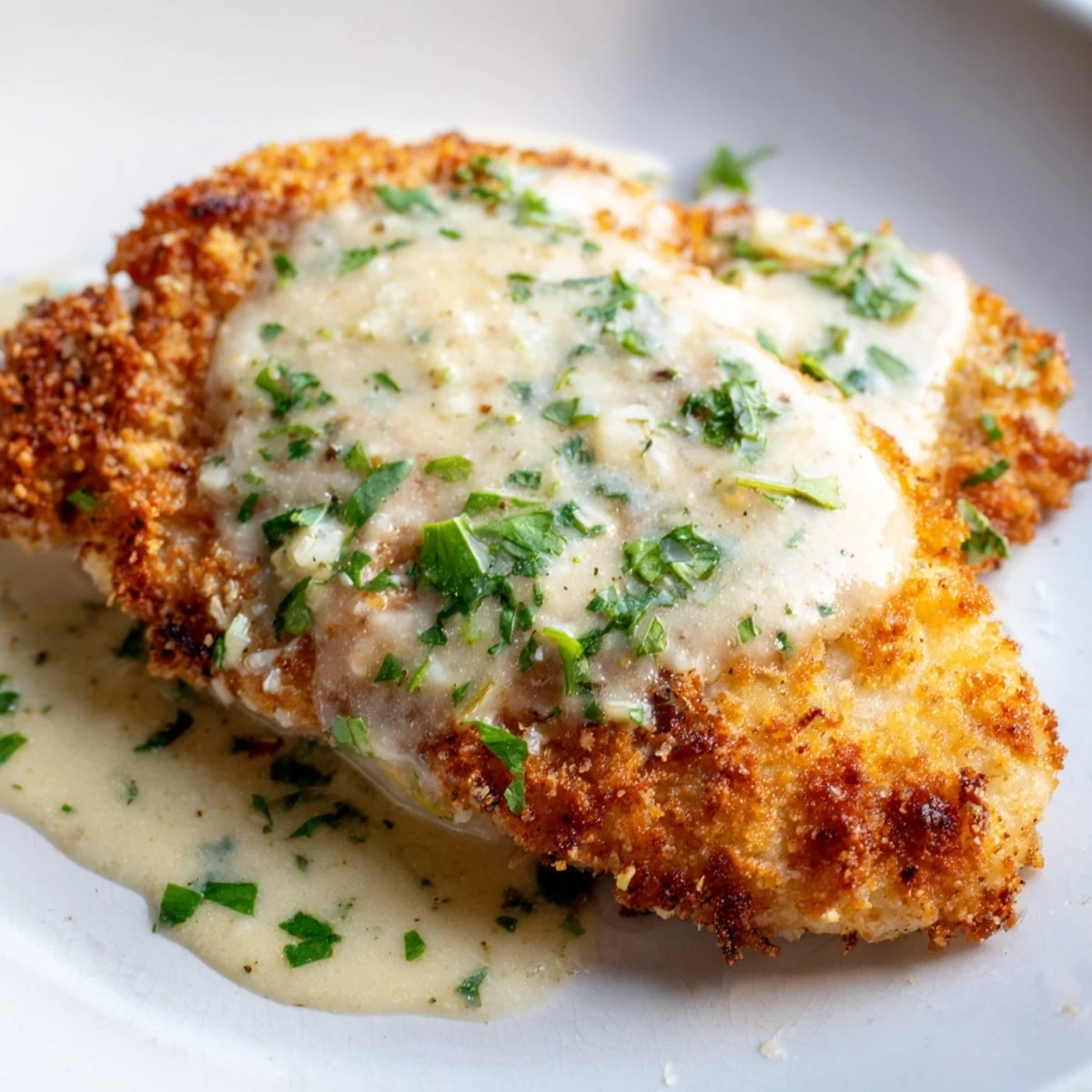 Perfectly cooked crispy chicken with garlic cream sauce, garnished with fresh parsley for a flavorful meal.