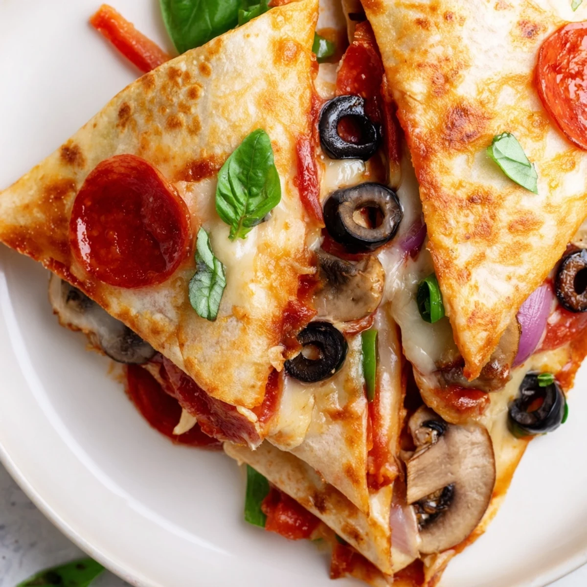 Golden, melty Tortilla Pizza Wrap filled with pepperoni, olives, and bubbling mozzarella cheese, hot from the skillet.