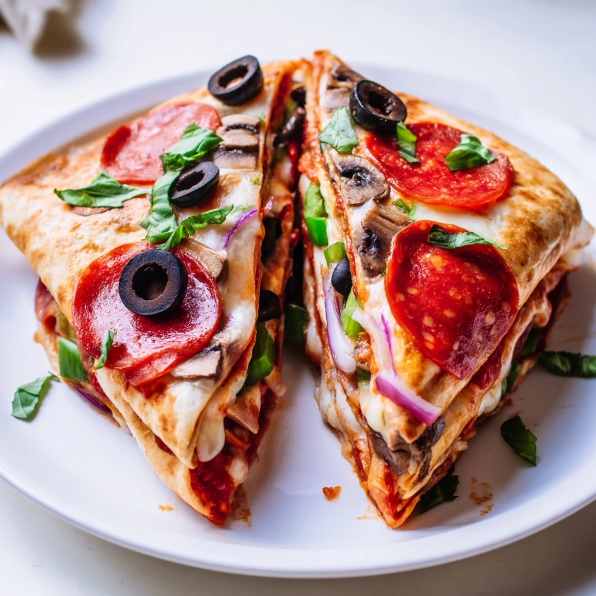 Crispy-edged Tortilla Pizza Wrap, showcasing folded layers with a medley of colorful toppings and bubbling cheese inside.