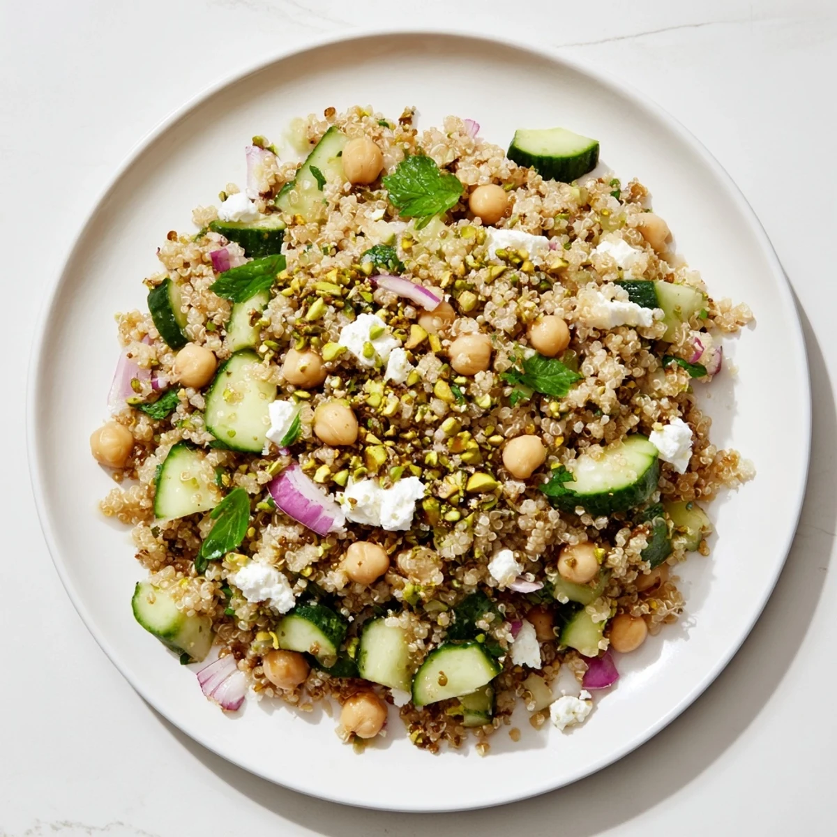 Jennifer Aniston Salad: a colorful mix of quinoa, chickpeas, feta, and fresh herbs, ready to serve.