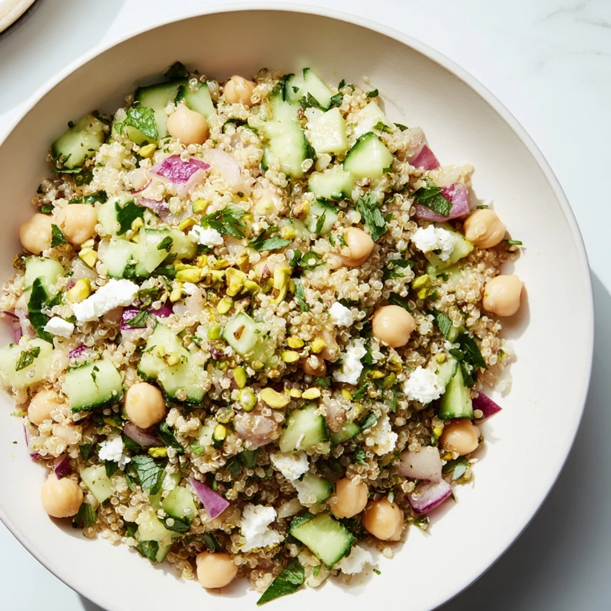 Mediterranean-inspired Jennifer Aniston Salad, a healthy bowl of grains, vegetables, and creamy feta cheese.