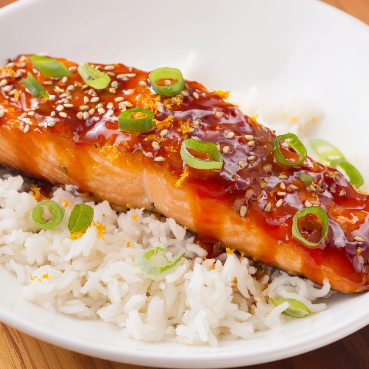 Golden oven-broiled Sticky Orange Salmon, glistening and served on a bed of fluffy white rice.