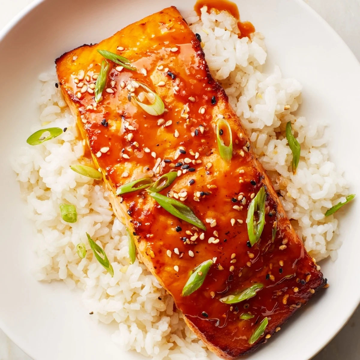 A close-up of tender, pan-seared Sticky Orange Salmon with glistening glaze, garnished with fresh scallions.