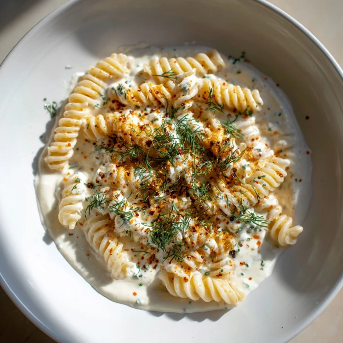 A delicious bowl of Turkish Yogurt Pasta, with creamy white yogurt and vibrant paprika topping.