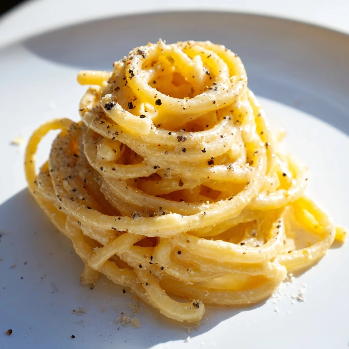 A close-up of steaming Lazy Girl Three-Ingredient Pasta, tossed perfectly with melted butter and cheese.