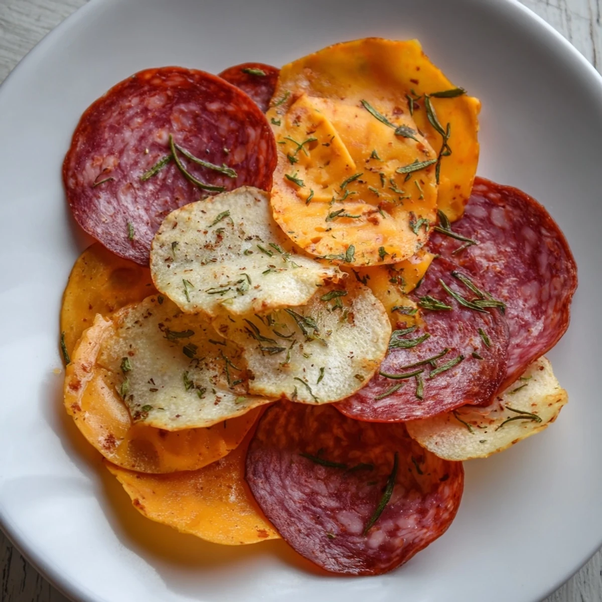 Savory charcuterie chips presented on a platter with herbs, ready to enjoy at a gathering.