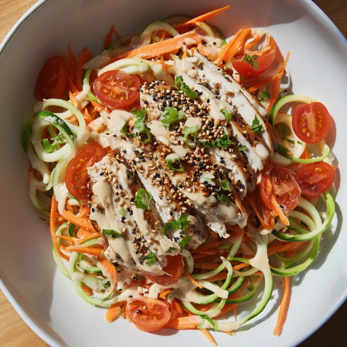 Grilled chicken tops a vibrant Protein Cucumber Salad, drizzled with sesame dressing.