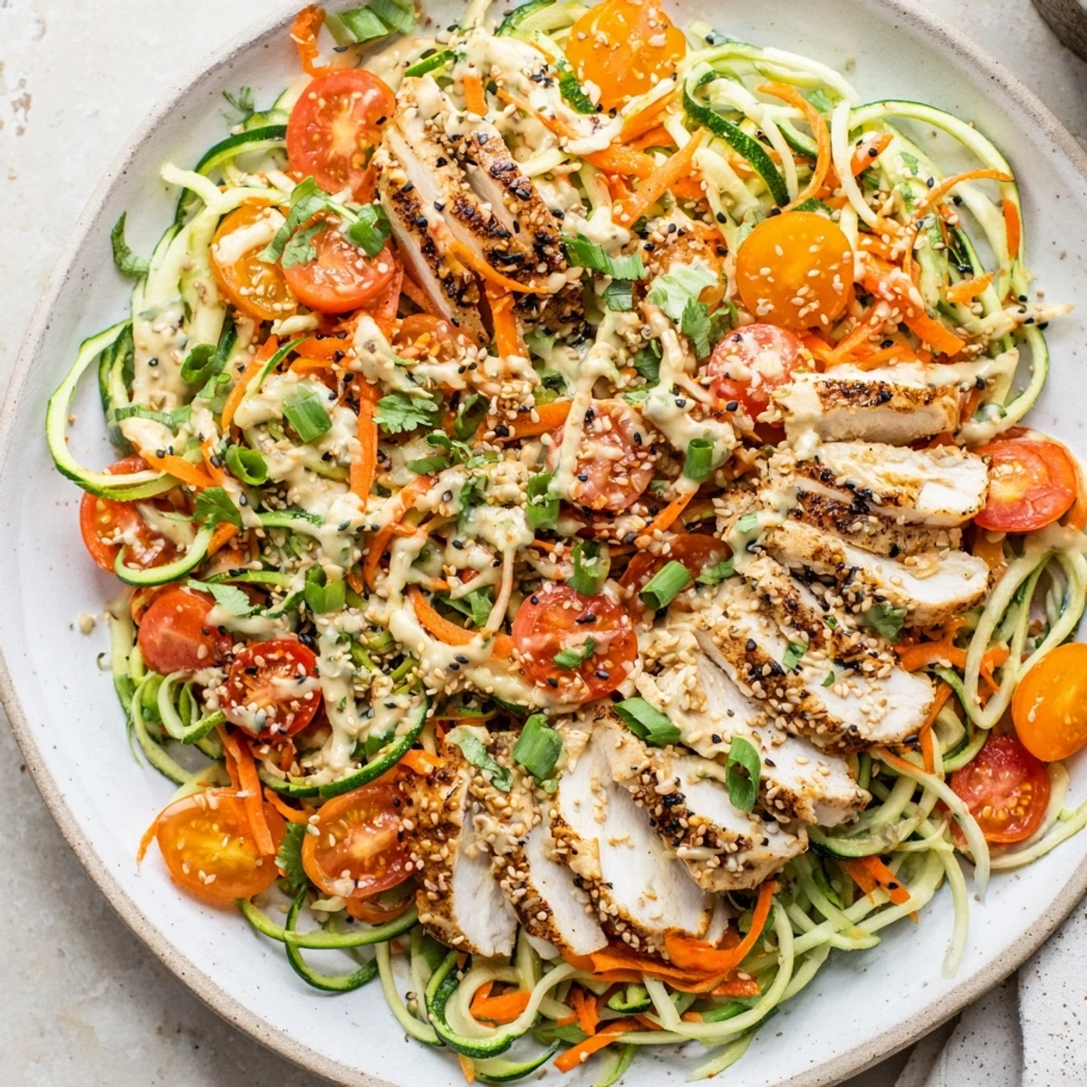 Close-up of a refreshing Protein Cucumber Salad, with colorful veggies and grilled chicken.