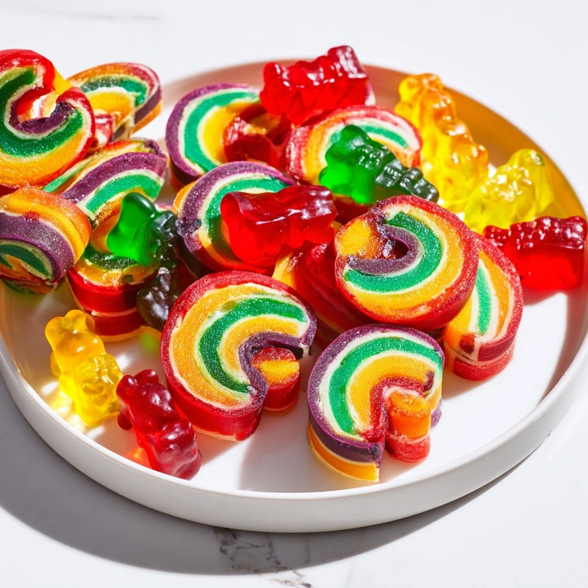 Vibrant, colorful Rainbow Candy Roll Ups, layered with gummy candies ready to eat as party snacks.