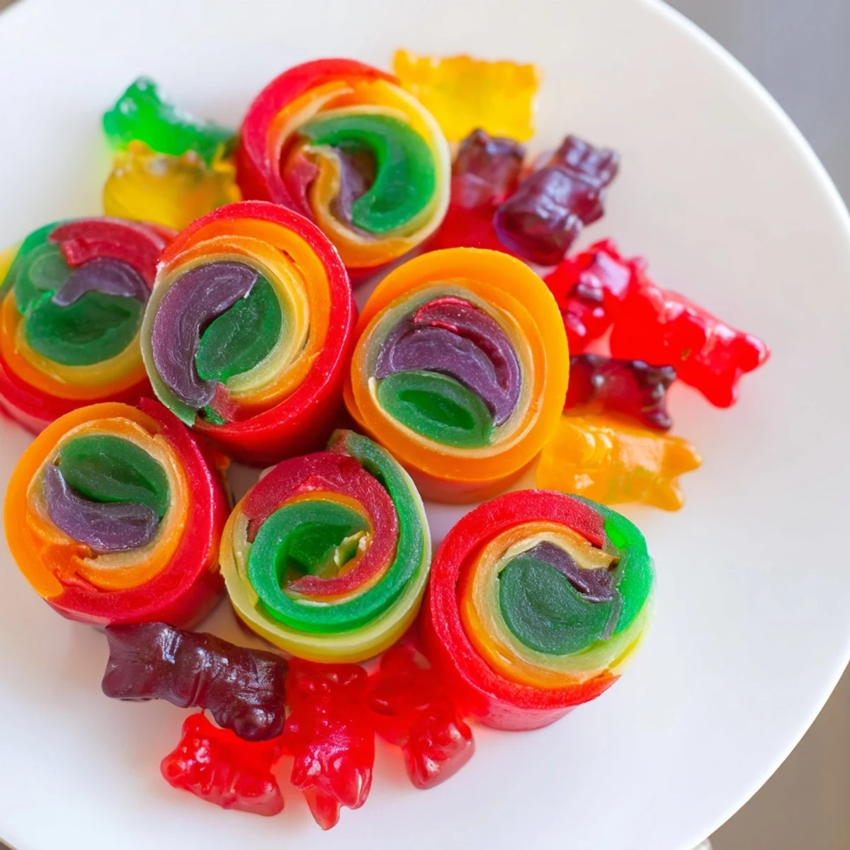 See the bright layers of chewy Rainbow Candy Roll Ups, perfect for a cheerful and sweet snack.