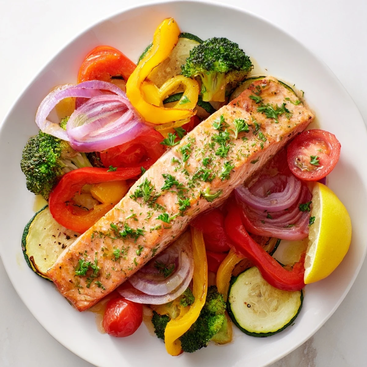 Golden-brown salmon sheet pan bake with colorful roasted veggies, ready for a delicious meal.