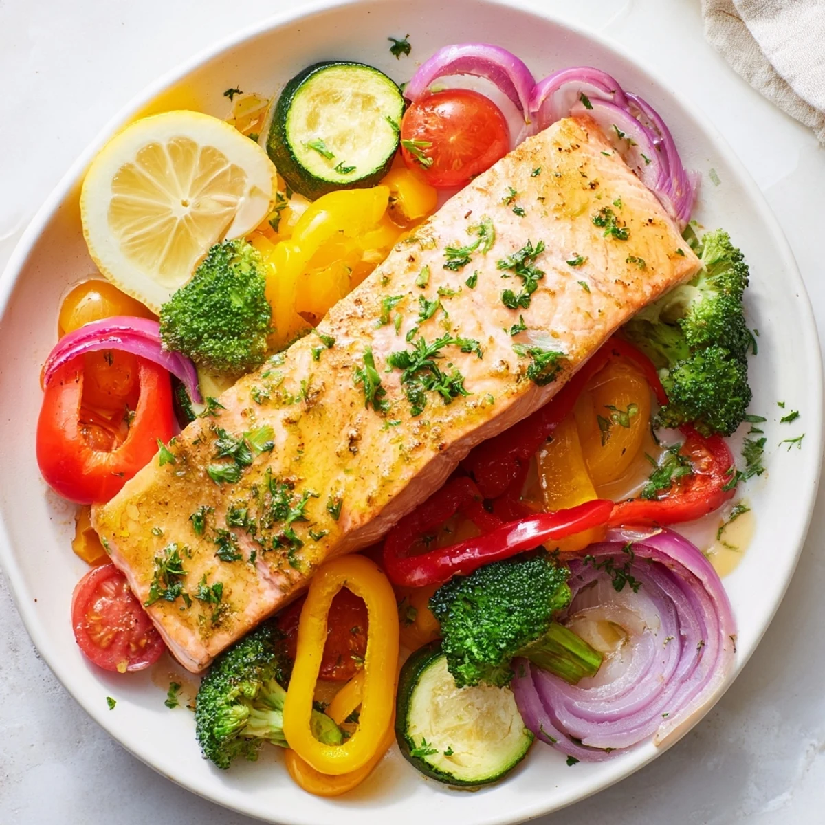 Perfectly cooked salmon sheet pan bake, served alongside roasted zucchini and red onion.