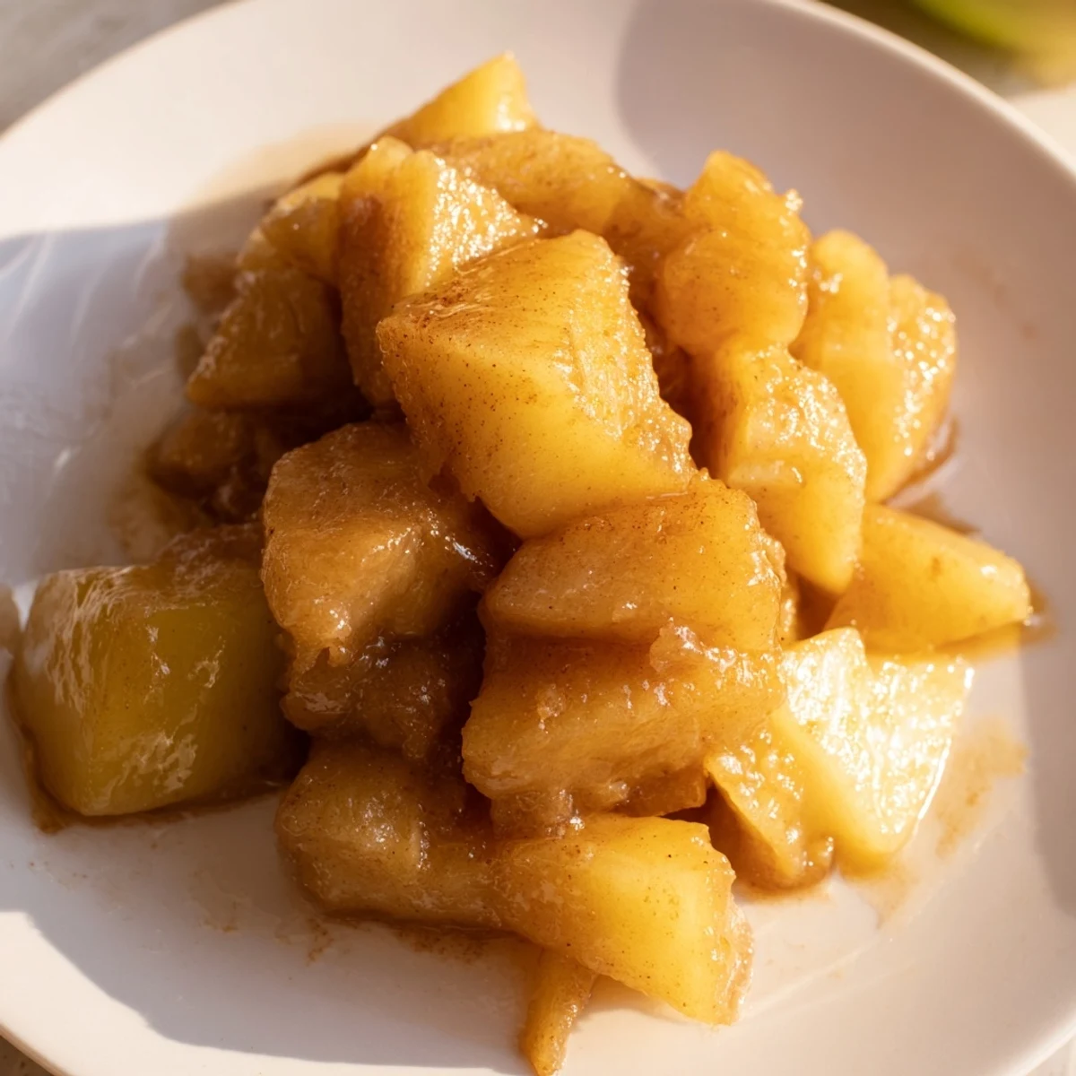 Golden Slow Cooker Stewed Apples, with visible apple chunks, perfect served over yogurt or ice cream.
