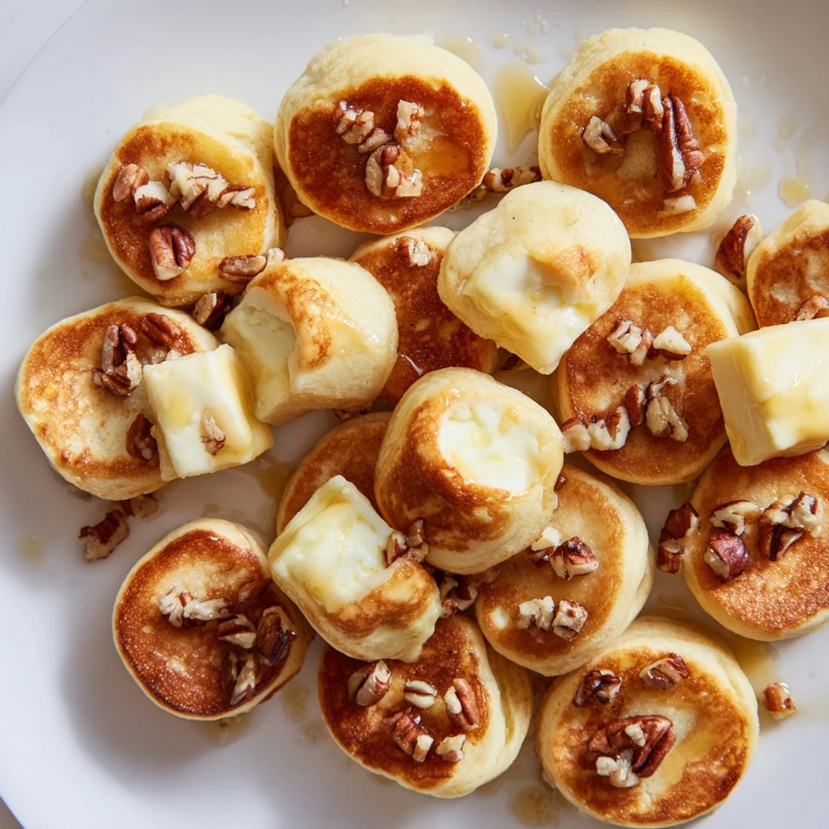 Warm, sweet Pancake Brie Bites, a savory snack with a golden-brown baked top.