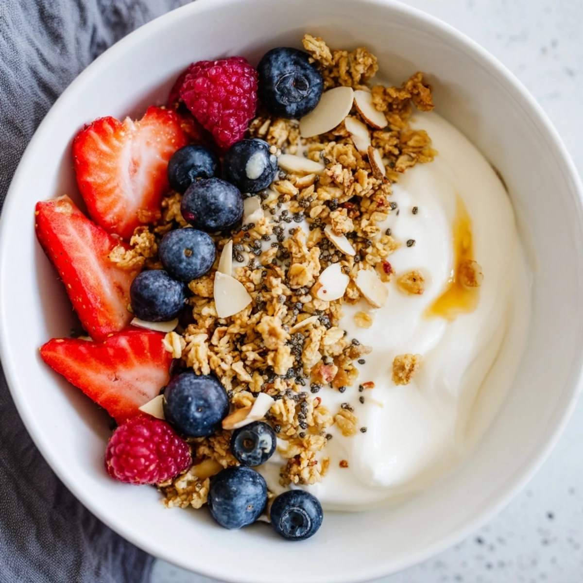 Creamy Dry Yogurt Bowl with fresh berries and crunchy granola ready for a delicious breakfast.
