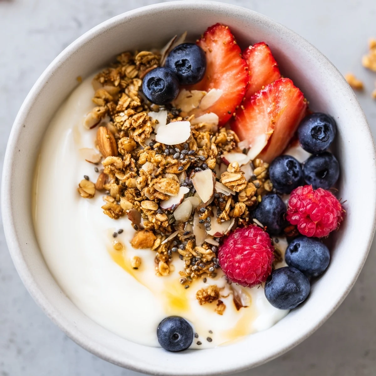 Picture a colorful Dry Yogurt Bowl: Greek yogurt base topped with mixed berries for a quick start.
