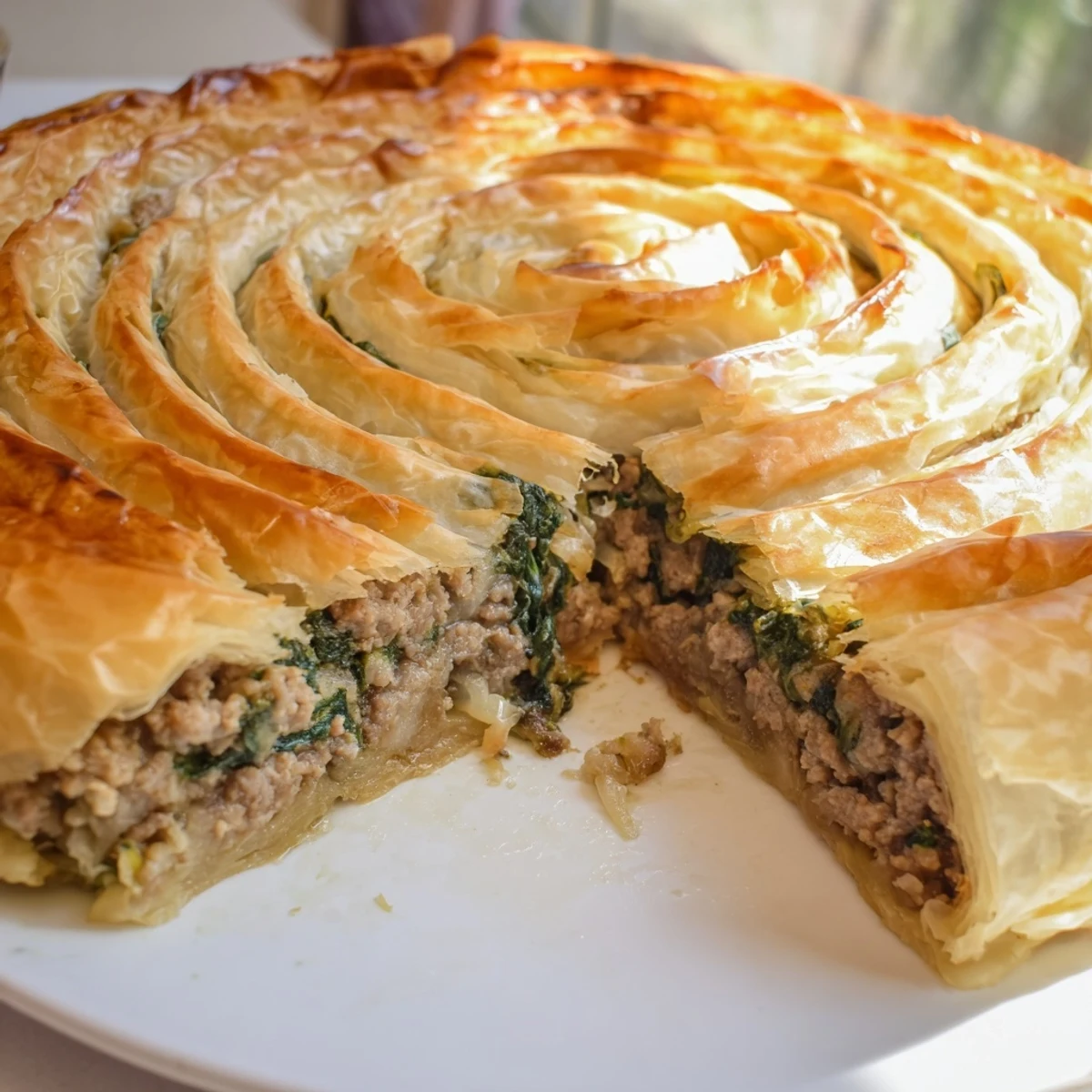 Golden, flaky Bosnian Burek pastry spiral, overflowing with savory beef and spinach filling, ready to serve alongside yogurt.