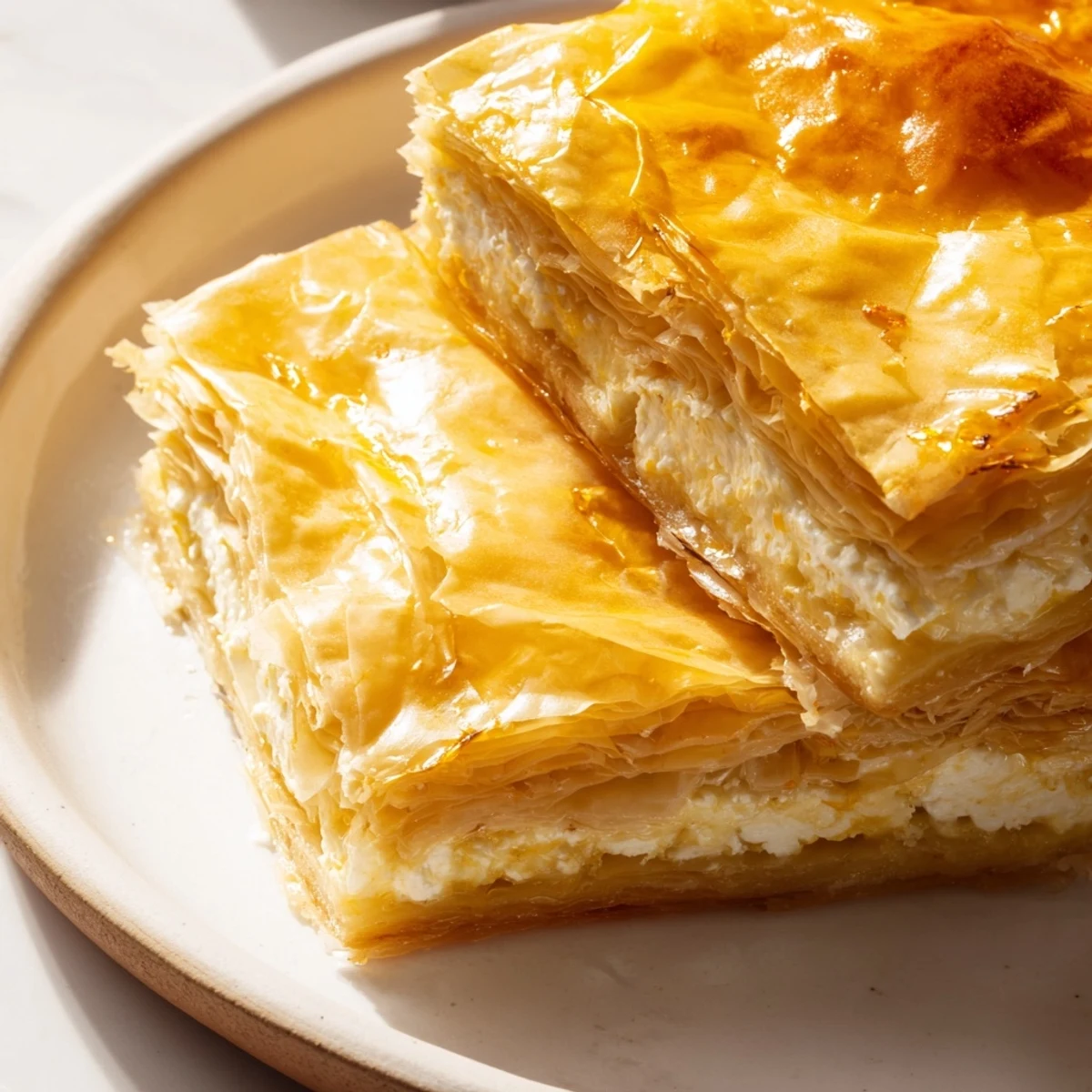 Golden, flaky Serbian Gibanica, a layered cheese pie with a wonderfully savory, creamy filling.