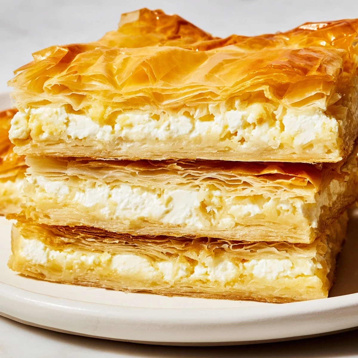 A close-up of a freshly baked Serbian Gibanica, its bubbly phyllo crust browned to perfection.