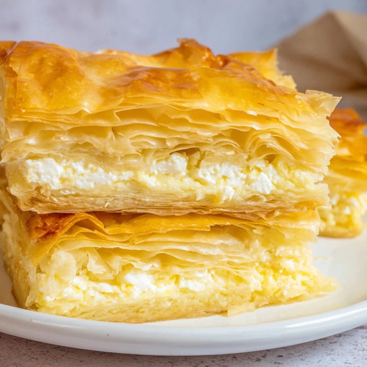 Savory Serbian Gibanica, a rustic cheese pie with layers of cheese, ready to slice and enjoy.