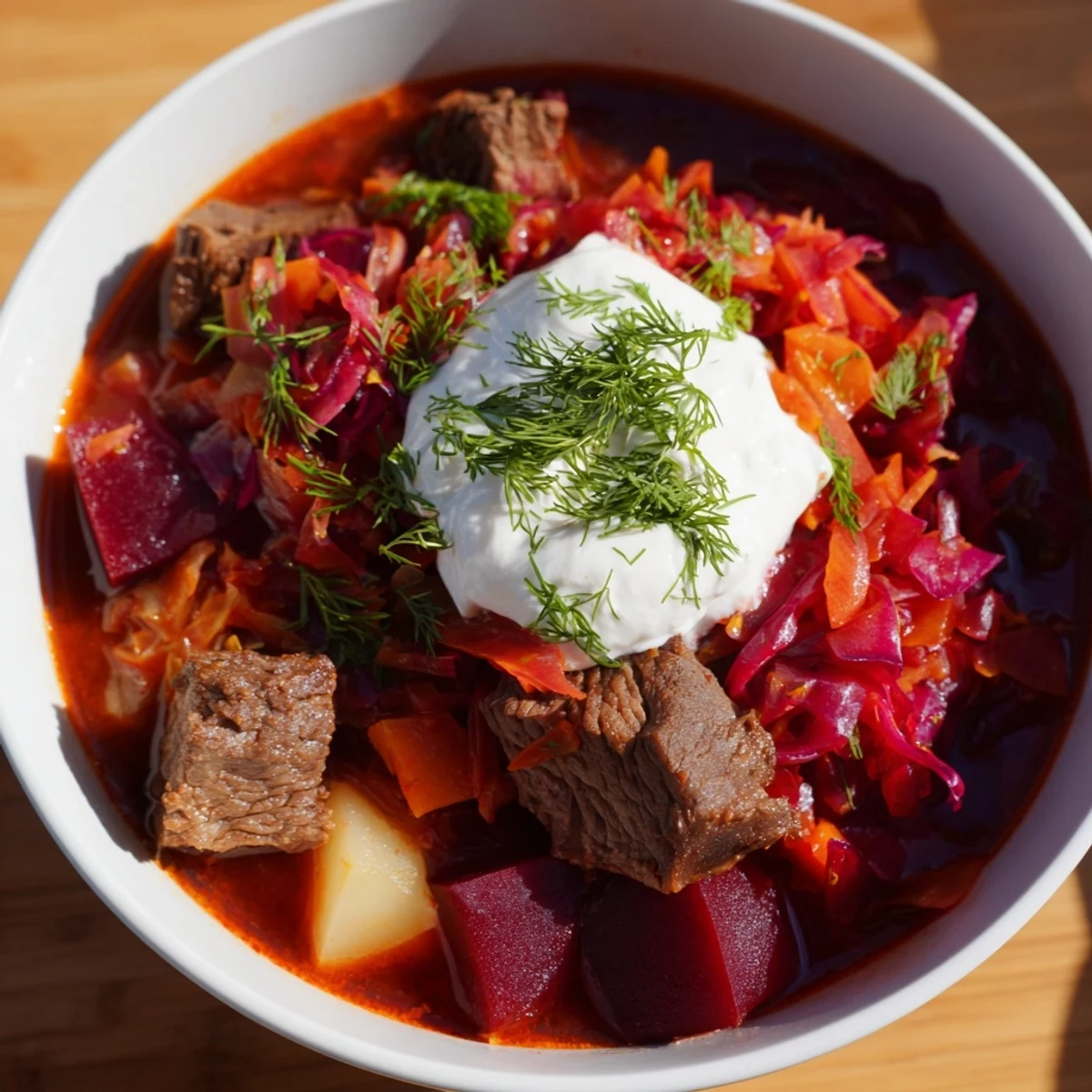 A steaming bowl of Ukrainian Borscht Soup boasts a rich red hue, topped with creamy sour cream.