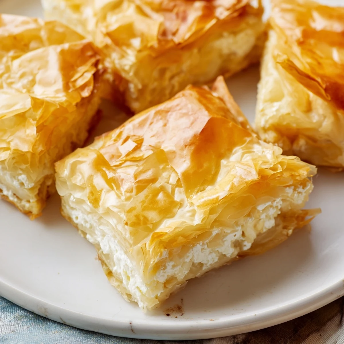 Enjoy a slice of warm Bulgarian Banitsa, featuring a rich, cheesy filling and delicate, golden pastry layers.