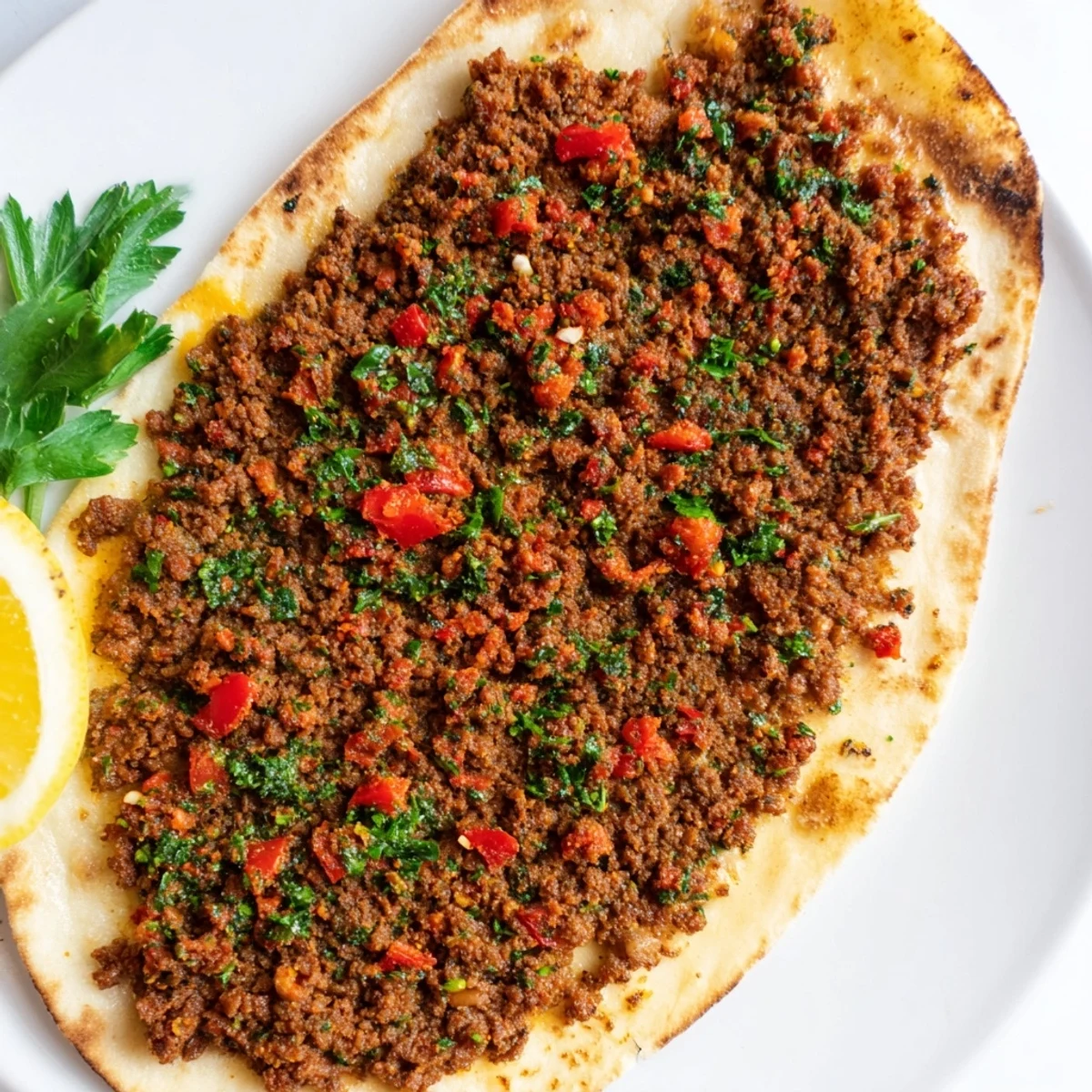 Freshly baked Turkish Lahmacun with crispy edges, ready to be enjoyed with lemon wedges.