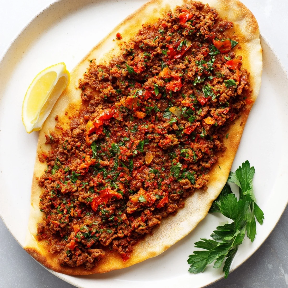 Close-up of a delightful Turkish Lahmacun, showcasing spicy meat topping and vibrant herbs.