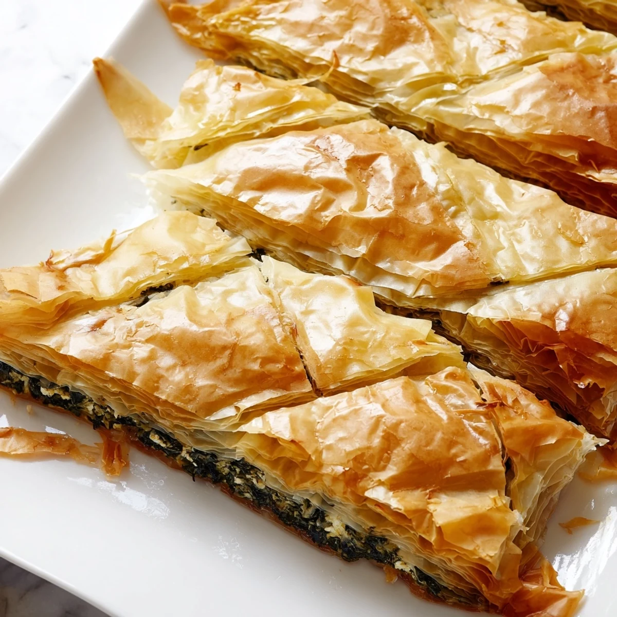 Golden-brown Greek spanakopita, with a flaky crust, ready to enjoy alongside a crisp white wine.