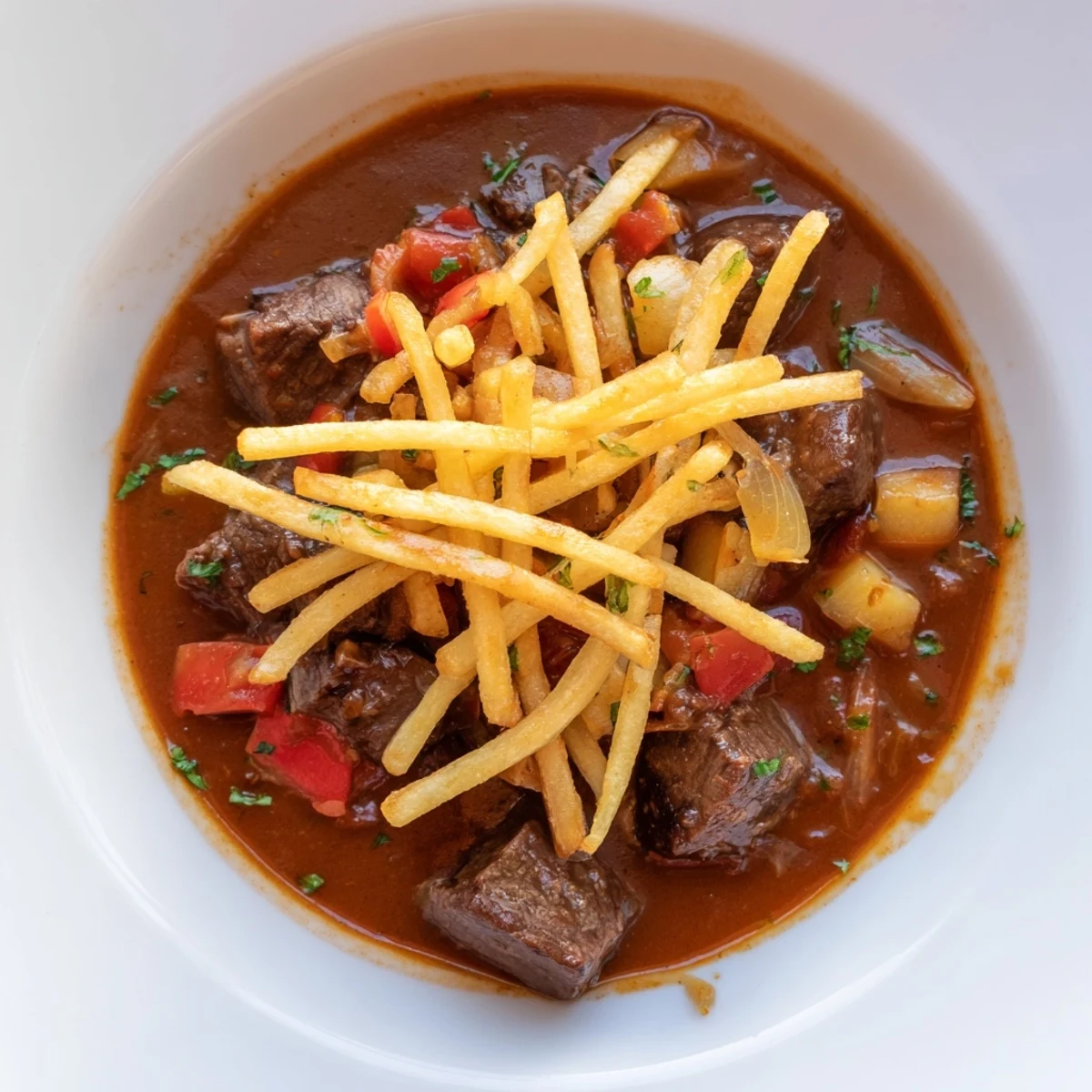 Tender beef Czech goulash simmering in a paprika sauce, served with golden, crispy potato strips.