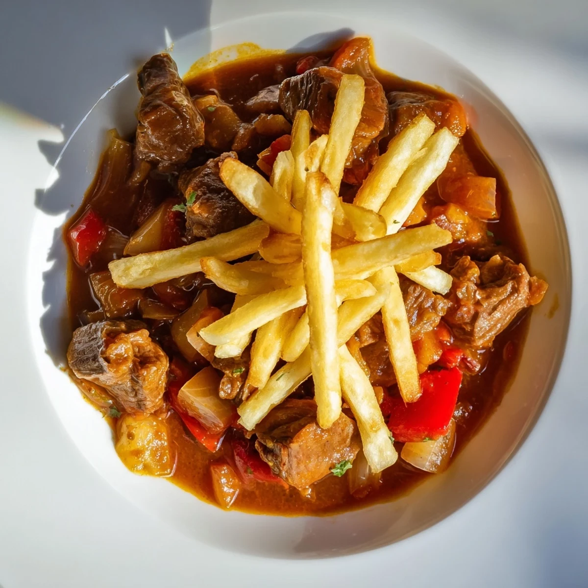 A close-up of Czech Goulash: Richly flavored beef in a thick sauce with crunchy potatoes.