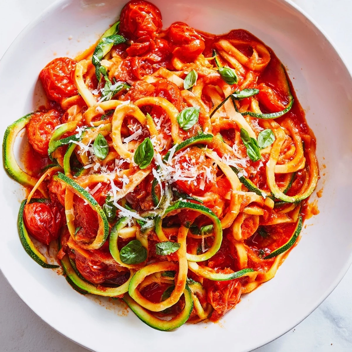 Freshly sautéed zucchini noodles tossed in a vibrant classic tomato basil sauce, garnished with grated Parmesan and fresh basil leaves.