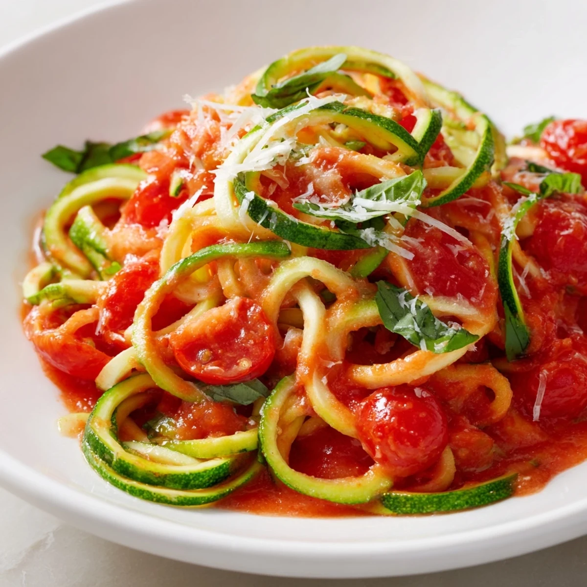 Perfectly twirled zucchini noodles coated in a creamy avocado pesto, topped with toasted pine nuts and a bright lemon zest finish.