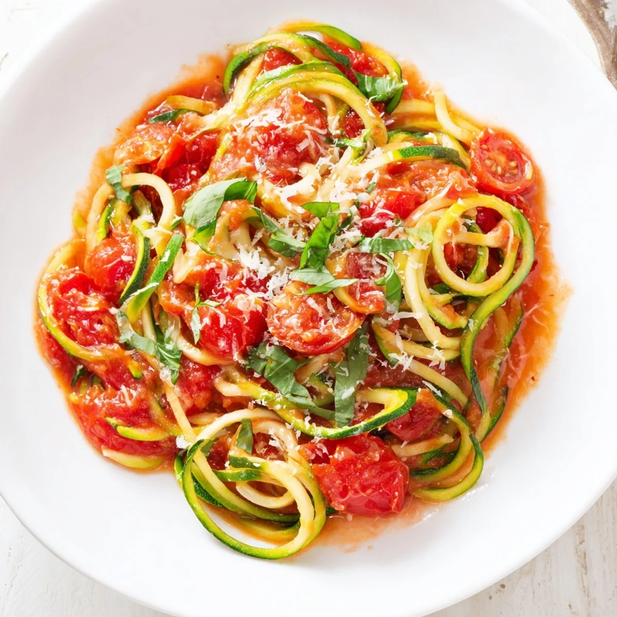 Spiralized zucchini noodles served two ways, featuring sun-dried tomatoes and crumbled feta, ideal for a light, gluten-free weeknight meal.