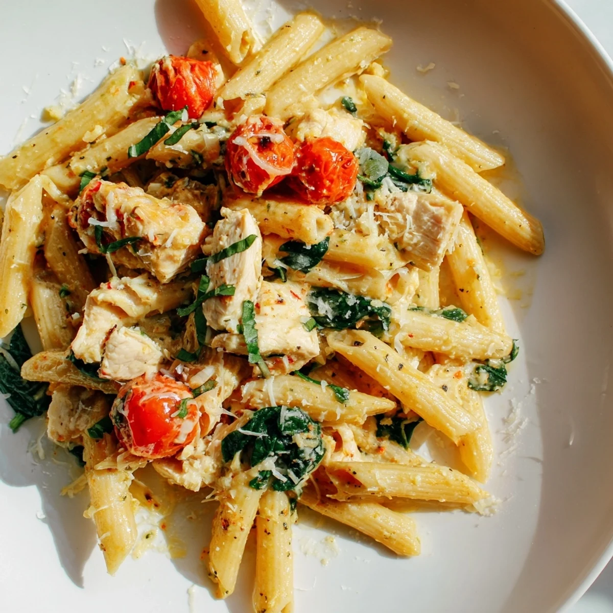 Forkful of tender chicken and pasta coated in a bright lemon herb sauce, with wilted spinach and cherry tomatoes in a skillet.
