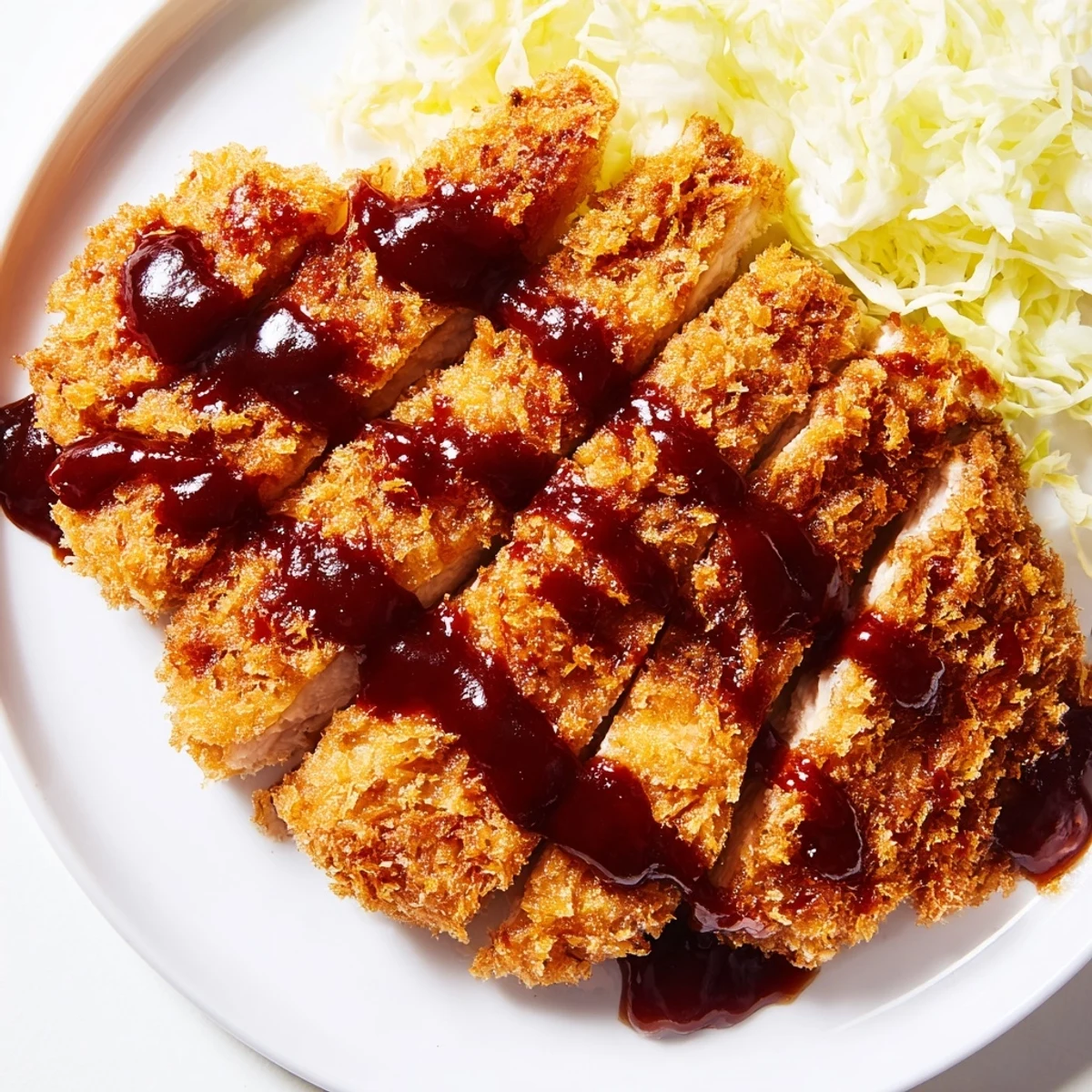 Crispy golden panko-crusted Chicken Katsu cutlets sliced and served with tangy tonkatsu sauce over fluffy steamed rice.  
