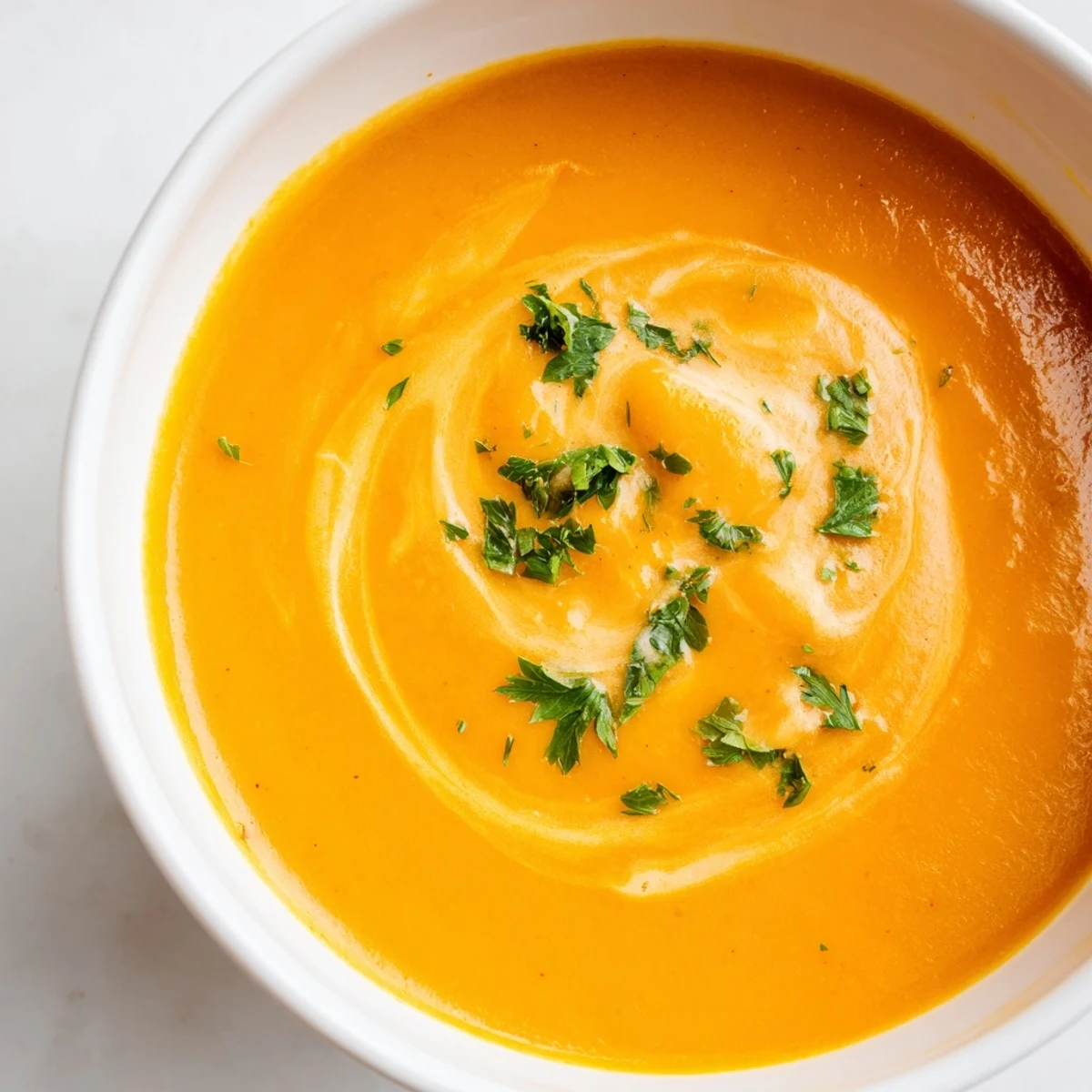 Velvety Carrot-Based Creamy Soup steaming in a white bowl, topped with a delicate cream swirl.
