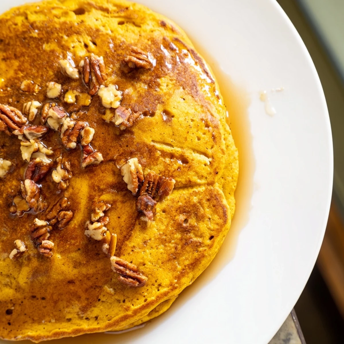 Stack of fluffy pumpkin spice pancakes drizzled with maple syrup and topped with whipped cream for a cozy autumn breakfast.