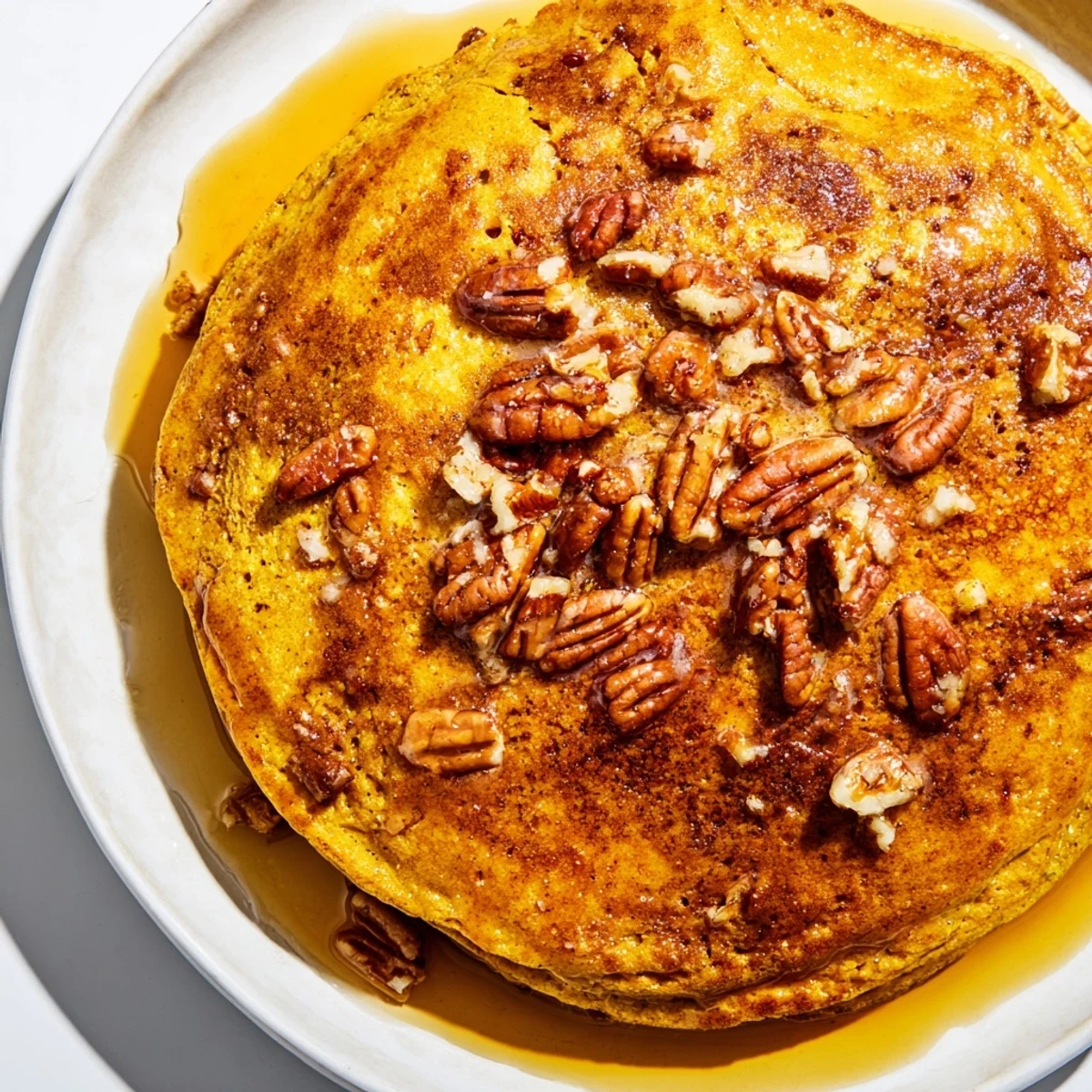 Golden-brown pumpkin spice pancakes cooking on a griddle, filling the kitchen with warm cinnamon and ginger aromas.