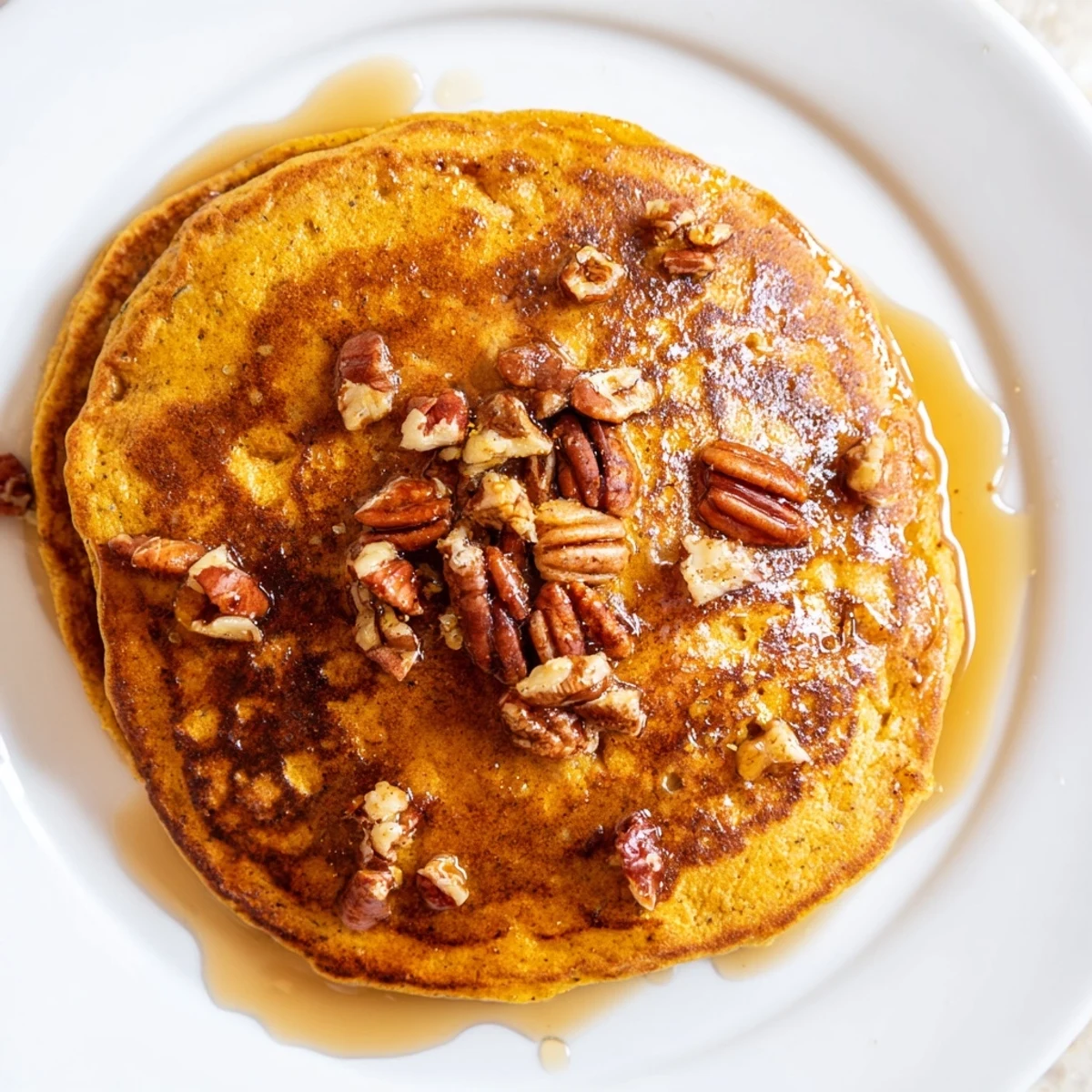 Homemade pumpkin spice pancakes served with pecans and powdered sugar on a rustic wooden table for brunch.