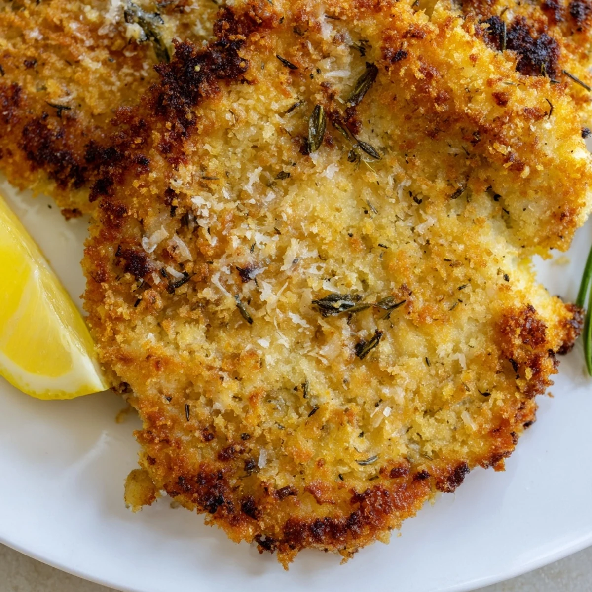 Golden-brown Crispy Parmesan Chicken Cutlet sizzles in a skillet with a crunchy, cheesy crust and lemon wedges.
