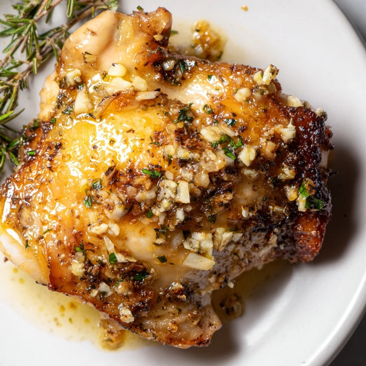 Golden-brown garlic butter chicken thighs roasted with herbs in a skillet, garnished with fresh parsley and lemon wedges.  