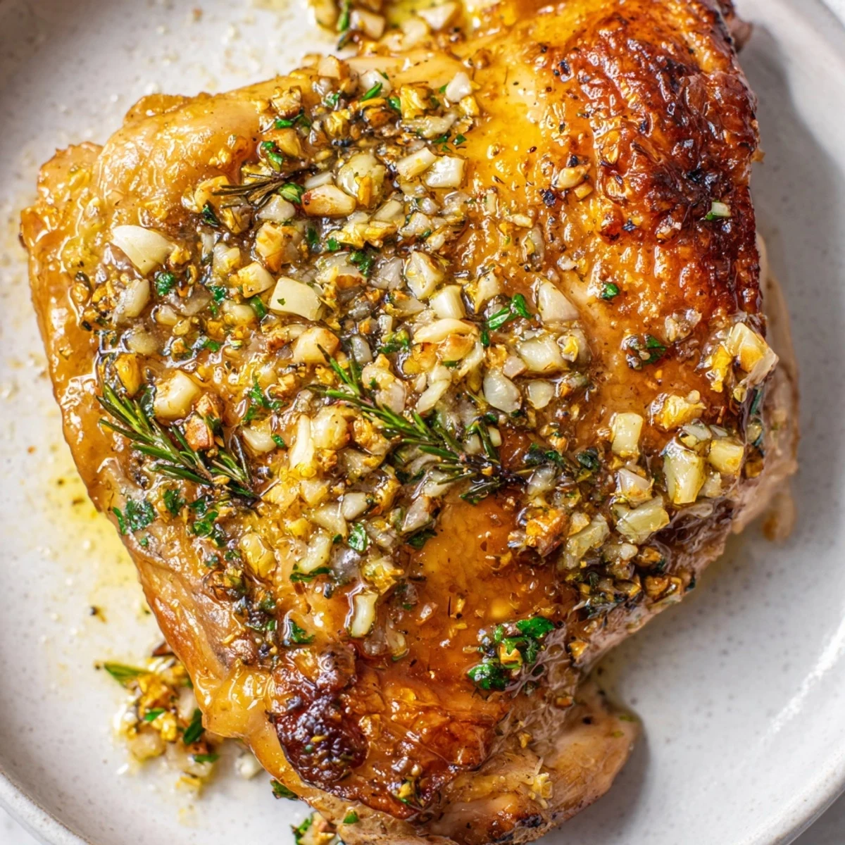 A close-up of crispy-skinned garlic butter chicken thighs beside roasted vegetables on a rustic plate.  