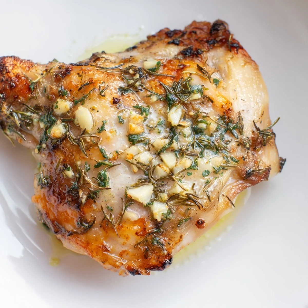 Garlic butter chicken thighs served with mashed potatoes, showing tender, juicy meat and a glossy herb sauce.