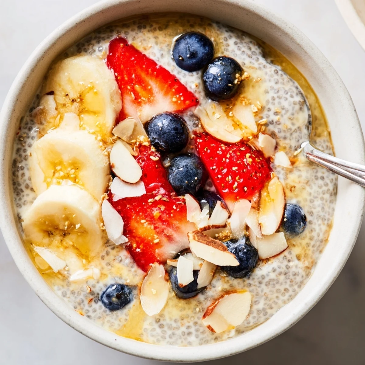 Creamy overnight chia seed pudding in a glass jar, topped with fresh mixed berries, sliced almonds, and shredded coconut for a healthy breakfast.